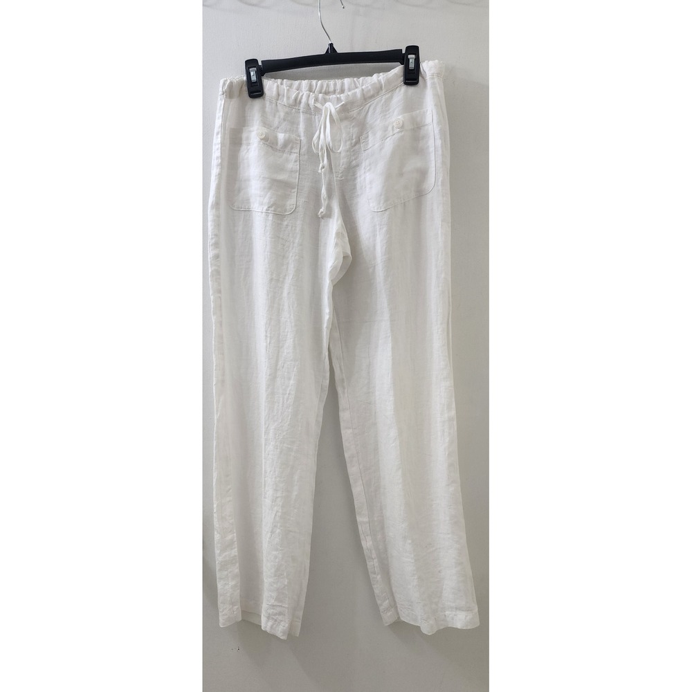 Allen Allen Womens White 100% Linen Drawstring Straight Leg Pants Size S